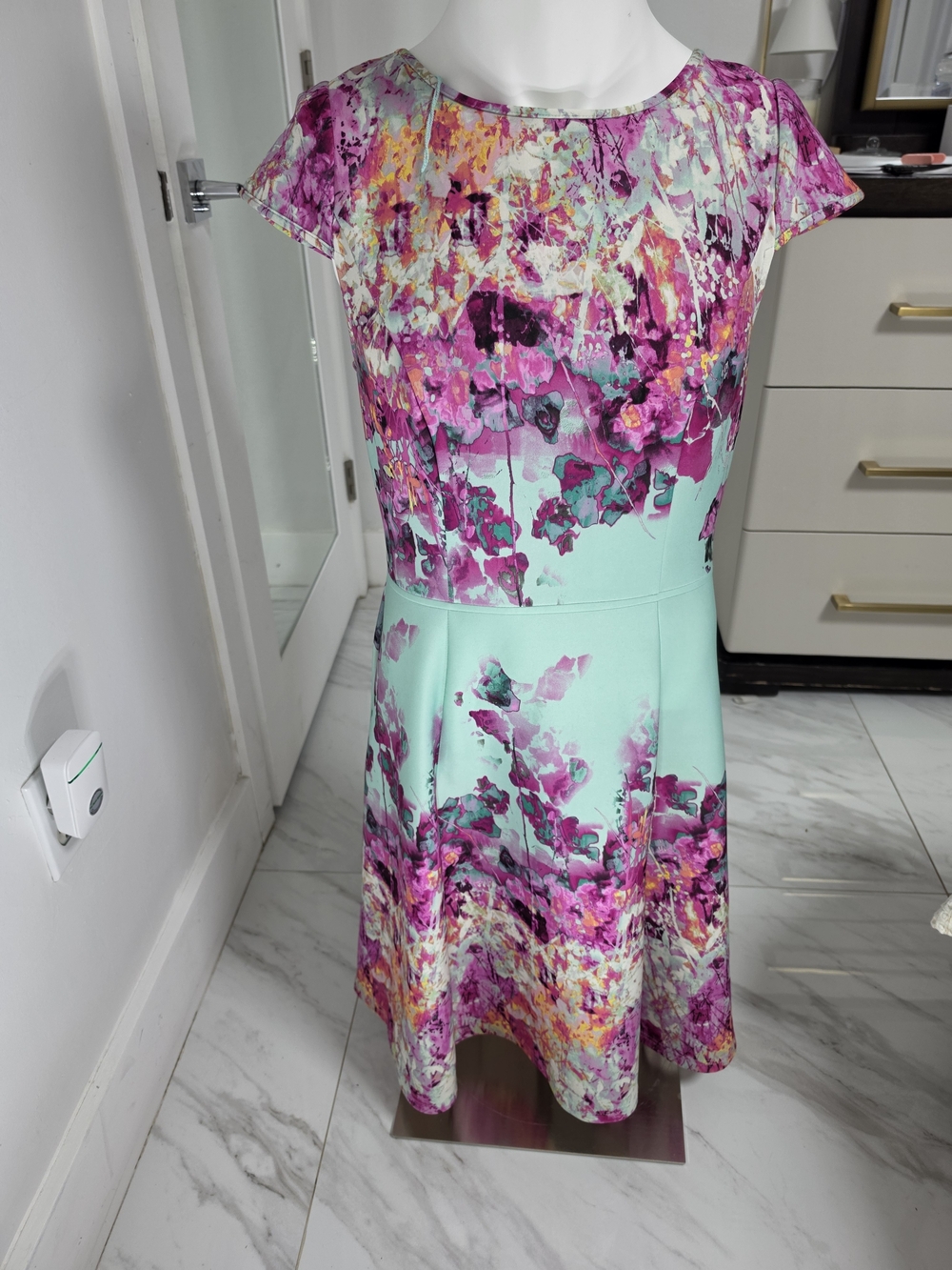 Adrianna Papell Mint Dress with Magenta Floral Print
